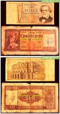 2x ITALIA 1961 1969 BANCA BANCO D'ITALIA VINTAGE RARE LOTTO BANCONOTE 500 e 1000 lire