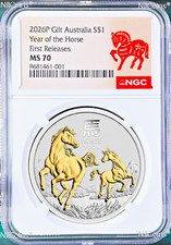 Moneta 2026 Australia Argento DORATO Anno Lunare del CAVALLO NGC MS 70 1 oz FR DORATA