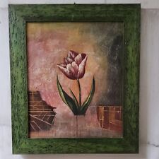 QUADRO FIORI DIPINTO A MANO CON CORNICE in legno VERDE etnico 66x76 cm