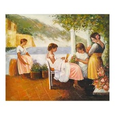 Quadro Dipinto a Mano Olio su Tela 60x50 cm Terrazzo Estivo Made in Italy