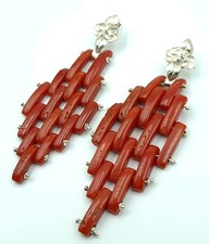 Antichi Orecchini  Vero Corallo Sardegna Rosso  Argento 925 Fiori Art Deco 
