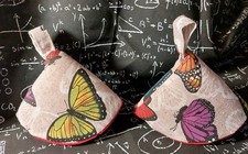 COPPIA PRESINE CONO, PENTOLE, STOFFA, ARTIGIANALI, CUCINA, LAVABILI, FARFALLE 