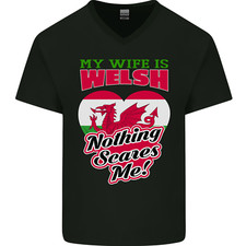 Nothing Spaventa Me My Wife Is Gallese Galles Uomo Scollo A V Cotone T-Shirt