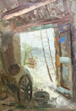 Dipinto Olio su Tavoletta Stalla Cascina Toscana Guido Guidi cm. 35 x 50
