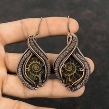 Regalo Per Lei Orecchini Avvolti Filo Fossile Ammonite Rame Gioielli 3,11"