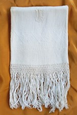 Antico ASCIUGAMANO LINO con FRANGE -iniziali " MR" - 105 x 59 cm -NUOVO - disp 6