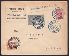 Primo Volo Genova-Napo 7/4/26 fermo posta Milano Michetti c.60+PA c.60+ TAX c.30