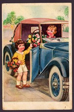 ANONIMO CARTOLINA FP VG ANNI '30 - BIMBI BIMBO BIMBA INNAMORATI MACCHINA FIORI