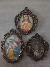 Antichi quadretti in Miniatura vintage cornice Ovale ottone Tre Stampe 