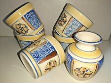 Lotto stock 5 vasetti + anforetta ceramica dipinti a mano blu giallo h 7 cm 
