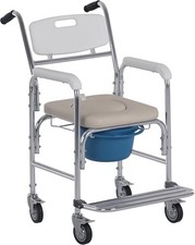 Sedia a Rotelle Impermeabile con WC Seduta in Ecopelle, 4 Ruote, Vaso Rimovibile