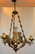 antico raffinato lampadario bronzo ampolla 3 luci + 3 candele putti appollaiati