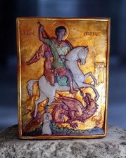 SAN GIORGIO DRAGO TERRACOTTA DIPINTO FOGLIA ORO DA APPENDERE  23x17 cm 