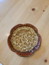 Decorative Brown Glazed Ceramic Plate  Floral Design 6 In Wide
