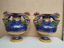 ANTICA COPPIA VASI BIANSATI CON DRAGHI CERAMICA ITALIANA SESTO FIORENTINO 1937