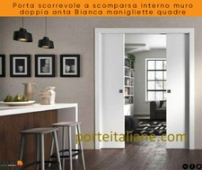 Porta scorrevole a scomparsa interno muro doppia anta Bianca manigliette quadre 