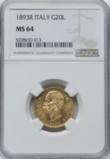 ITALIA, ORO 20 LIRE 1893 R NGC