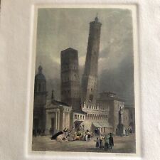 Due torri  Bologna ,antica incisione a colori.