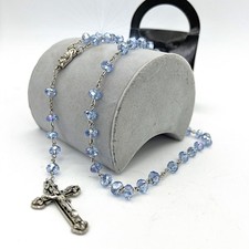 Rosario in Vetro diamantato Celeste vintage crocifisso collana da uomo o donna 