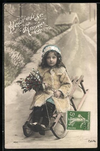 Cartolina ragazza con ramo - , di