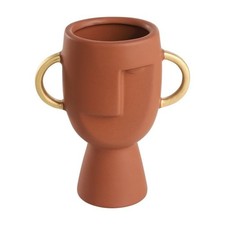 Vaso Etnico Chic Volto Decorativo ceramica Radisson Marrone Matt con Manici Oro 