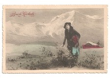 1919 antica cartolina auguri Buon Natale donna pacchi regalo baita montagne