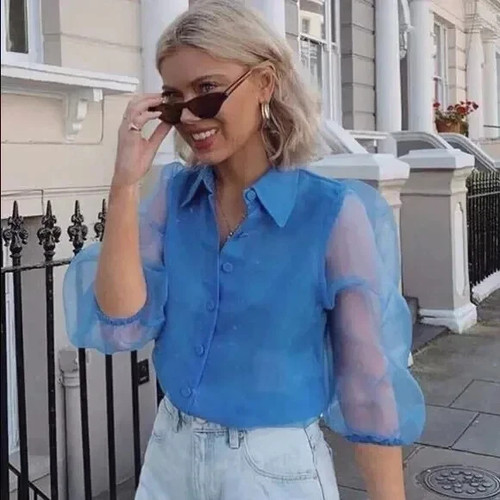 Zara blusa organza blu semi - blusa,