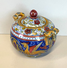 ANTICA TEIERA ZUCCHERIERA Gualdo Tadino CERAMICA MAIOLICA LUSTRO ORO BLU ø 14 cm