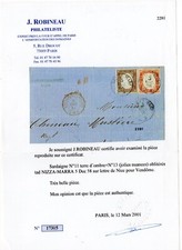 1861 SARDEGNA 10 C. + 40 C. Annullo NIZZA-MARRA x Vendome CERT.