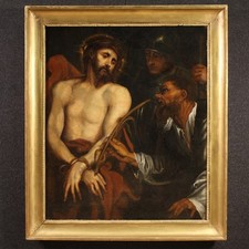 Antico quadro religioso Cristo deriso dipinto fiammingo ad olio su tela XVII