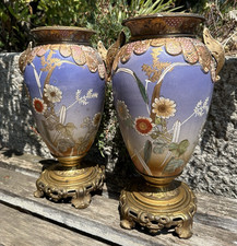 Coppia  antichi vasi in ceramica- base ottone -decoro floreale e a rilievo