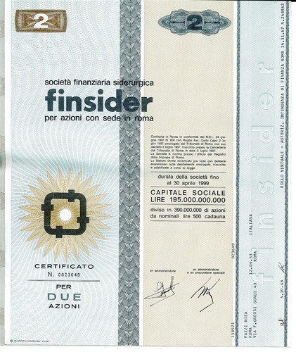 Finsider azioni certificato - 2,