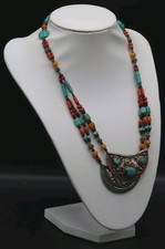 Collana Tibetana In Argento Con Turchese E Corallo, Artigianato Nepalese Vintage