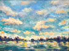 Dipinto Olio Nuvole Alberi