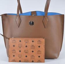 Borsa shopper nuova MCM $680 YRIS marrone blu pelle viscosa zip borsa tote bag