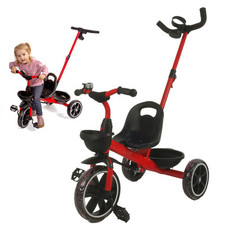 Triciclo con Asta di Spinta e Ruota Libera per Spingere Pneumatici EVA Rosso/Nero Bambini