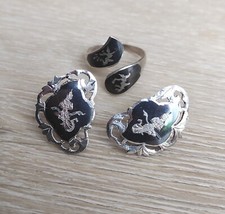 Set gemelli SIAM sterling anni 40 e anello argento 925 vintage Thailandia niello