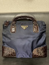 Borsa a mano PRADA tote bag logo nylon pelle marrone navy autentica