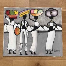 Dipinto originale arte popolare africana donne frutta artista astratto firmato
