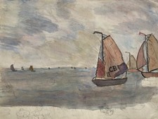 Acquerello Studio Di Pittura Marina Schizzo Di Pescherecci Sul Mare Anonimo