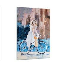 Quadro su Vetro 50x70cm Ragazza Bicicletta Olio Stampe Immagini Moderni Murale
