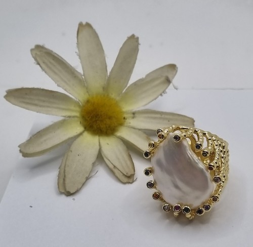 Maxi anello con perla piatta - perla,