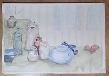  Quadro acquerello natura morta originale su carta brocche ceramica su tavola 56x38 cm