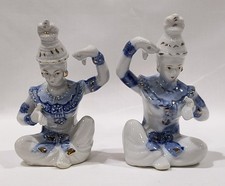 Set 2 statuine ballerina tempio thailandese siamese porcellana blu e bianca 4" Thailandia