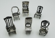 Lotto Di 6 Sedie In Miniatura Vintage Anni 70 In Argento 800, Peso 44,3gr