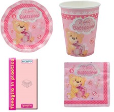 KIT COORDINATO BATTESIMO ROSA FESTA PIATTI BICCHIERI TOVAGLIOLI TOVAGLIA