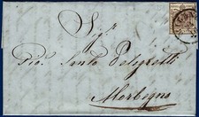 1854 - Lettera da Milano resa franca con cent.30 bruno  (Sassone n.8)