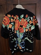 Maglia Fatta A Mano Ferri Cotone 100% Handmade Ricami colore Nero