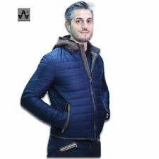 Piumino uomo con inserti in vera pelle e cappuccio in Vero Montone Mod. BOMB-BLU