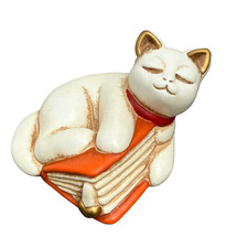 THUN Vintage Cat Ceramic Figurine Sleeping on Books Hand Painted Italy Ornament